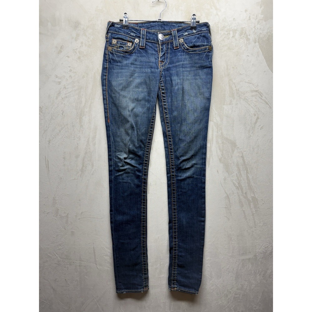 Y2K True Religion Stella Big T Row Jeans 25 Blue Denim Made In USA Low Rise Flap